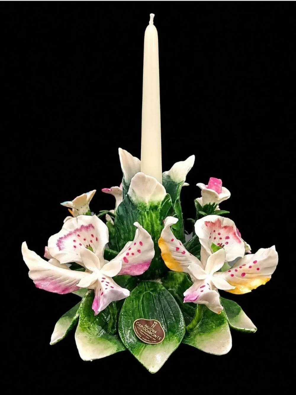 Vintage Capodimonte Orchid Bouquet Porcelain Taper Candle Holder Figurine